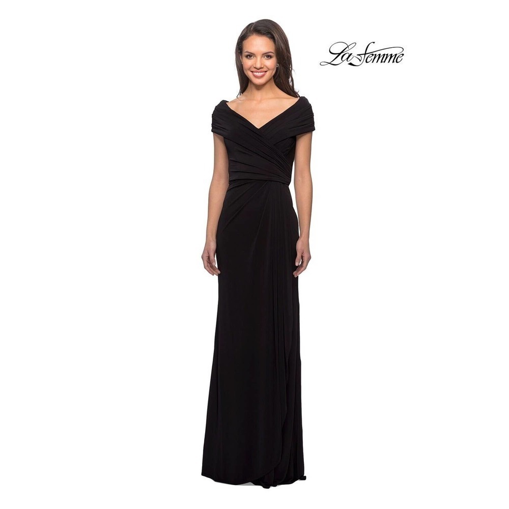 NWOT La Femme Ruched Chiffon Column Gown Short Sleeve Women Black Size 18